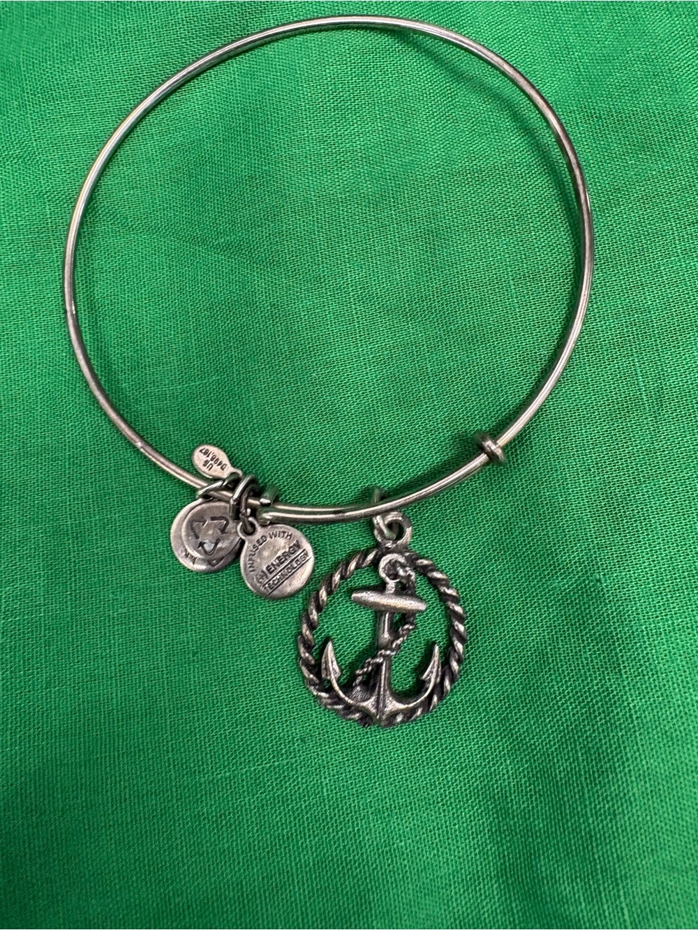 Alex and Ani Silver Tone Wire Bangle Bracelet w/ Anchor Dangle Charm Adjustable